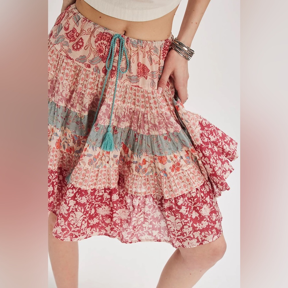 Free People Tiered Floral Midi Skirt in Red, Pink, Teal, Cream - Picture 4 of 9